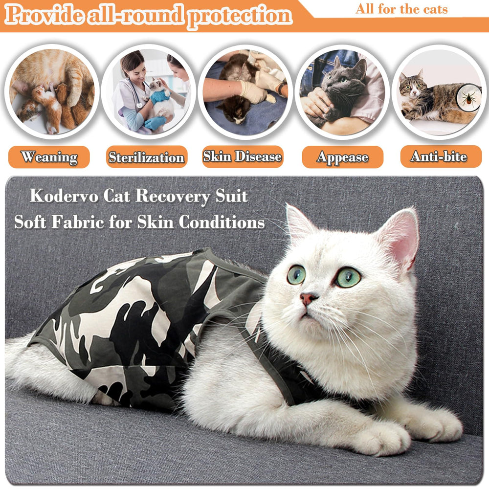 Kodervo cat recovery suit demonstrates easy litter box access with rump-friendly design.