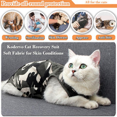Kodervo cat recovery suit demonstrates easy litter box access with rump-friendly design.
