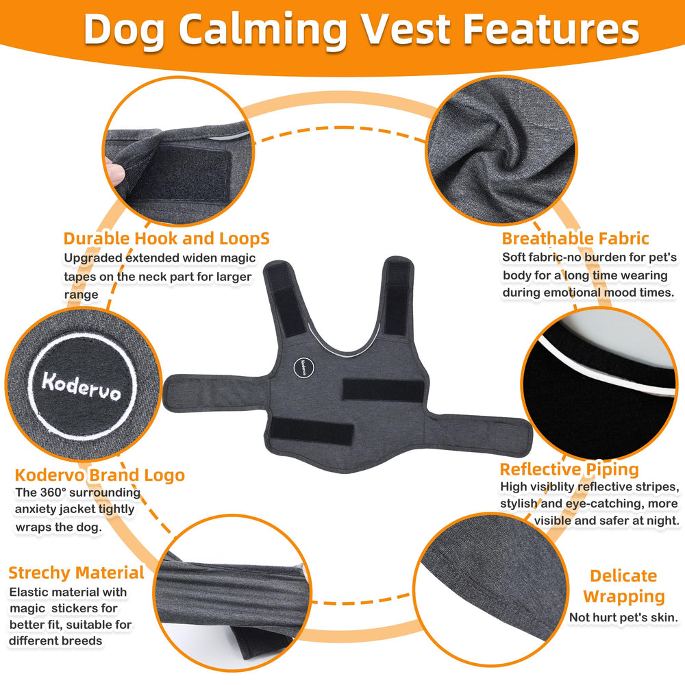 Kodervo anxiety jacket worn by a dog showing a snug, secure fit with adjustable straps.