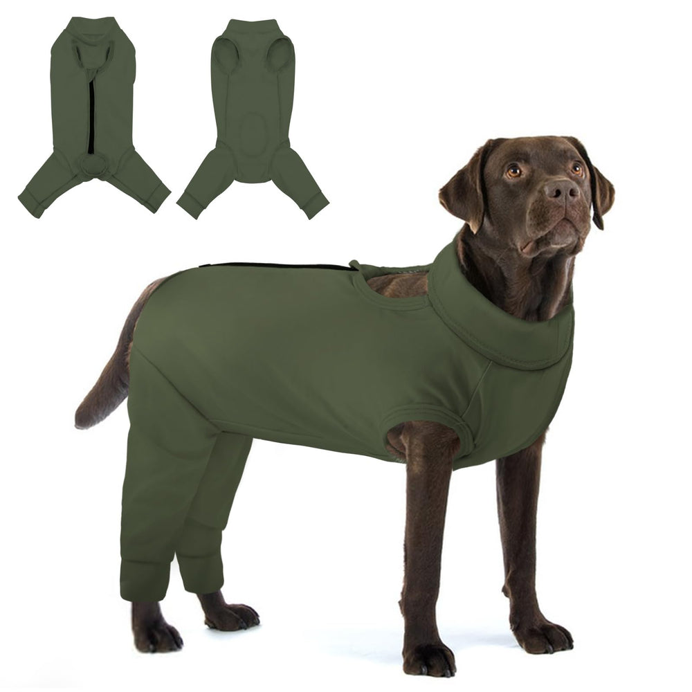 KOESON dog recovery suit front view shows comfortable fit and post-op protection