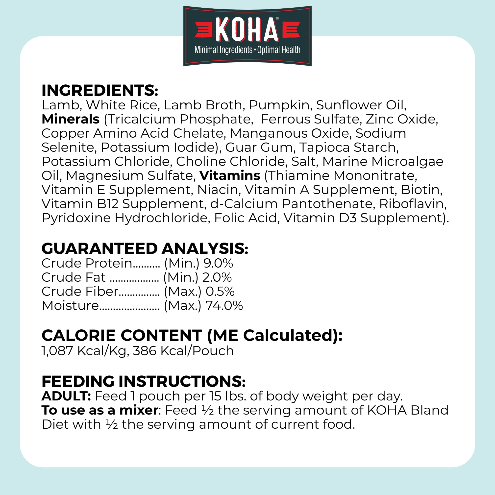 KOHA Bland Diet lamb and rice presentation suggests hydration-friendly meal