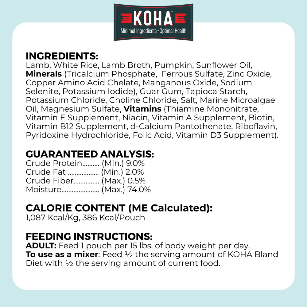 KOHA Bland Diet lamb and rice presentation suggests hydration-friendly meal