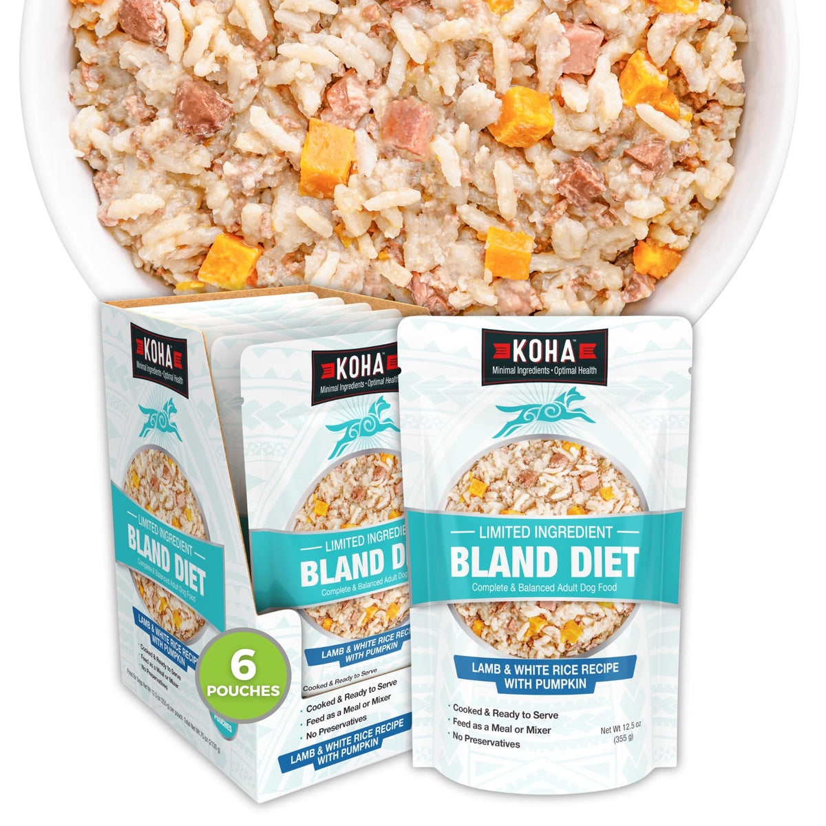 KOHA Bland Diet dog food lamb and white rice wet can highlighting ready-to-serve option for sensitive stomachs