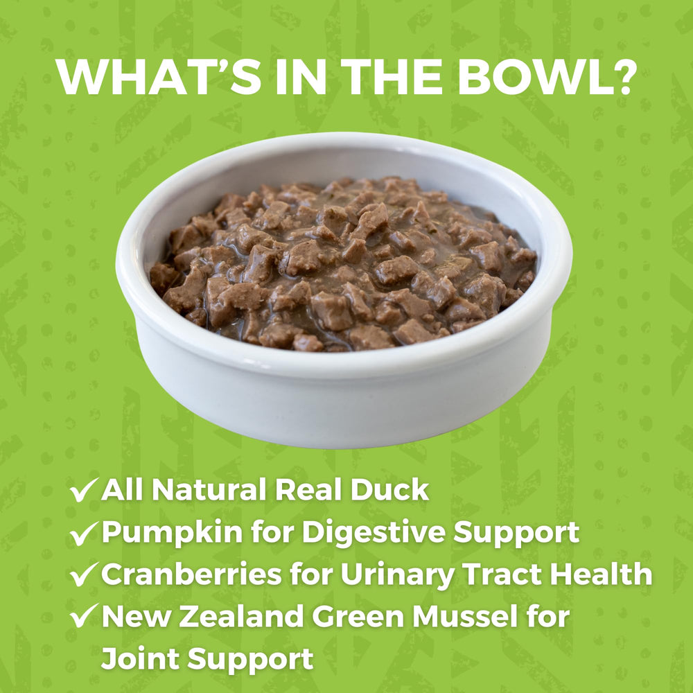 KOHA Minimal Ingredient Duck Stew ingredient closeup highlights meat-first formula for sensitive tummies.