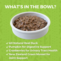 KOHA Minimal Ingredient Duck Stew ingredient closeup highlights meat-first formula for sensitive tummies.