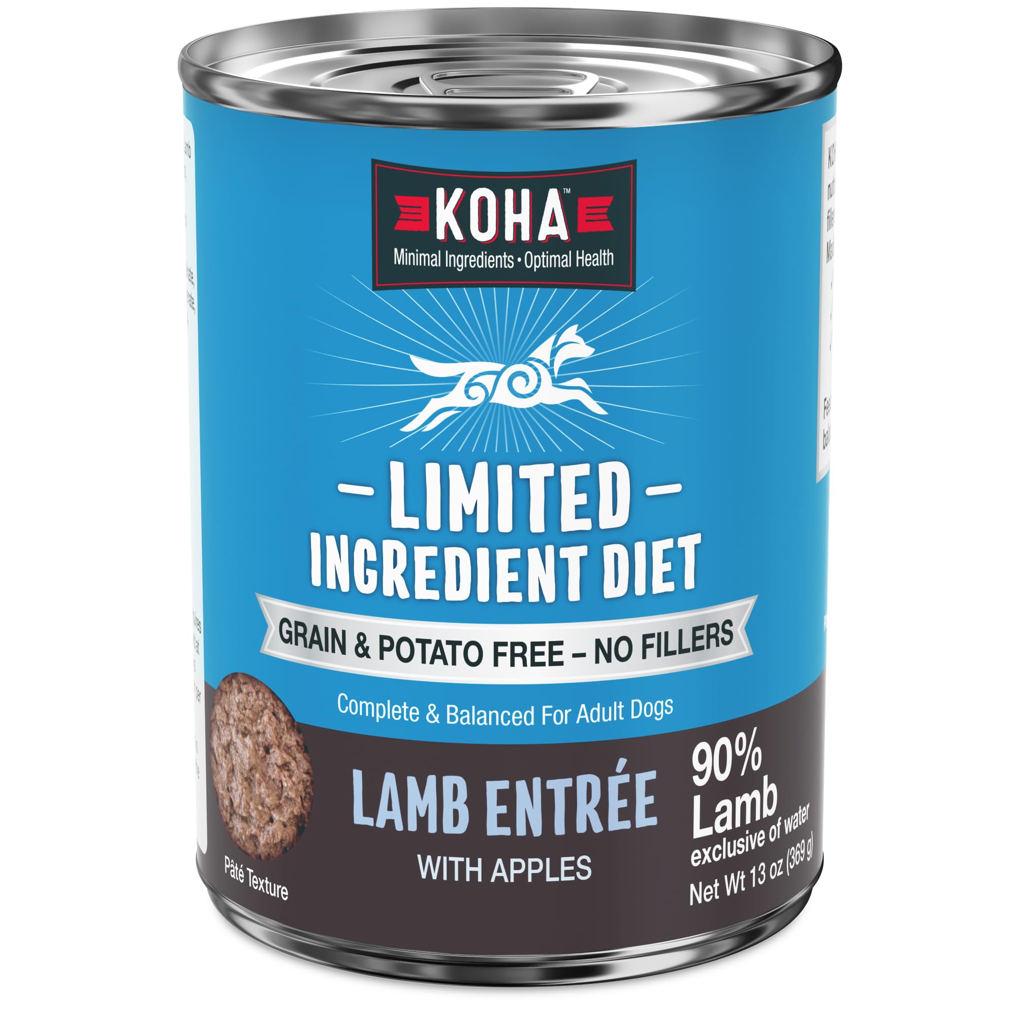 KOHA lamb entrée can-pack displaying 12 cans, grain-free dinner option for sensitive stomachs.
