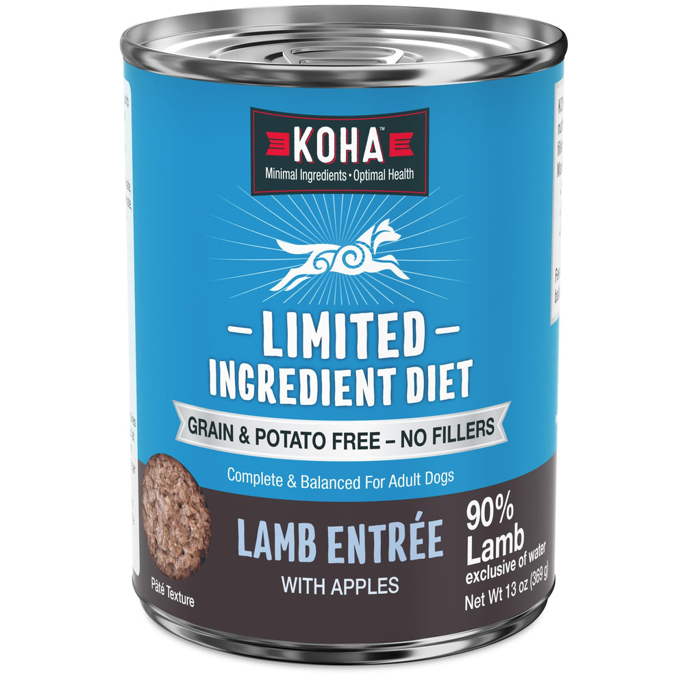 KOHA lamb entrée can-pack displaying 12 cans, grain-free dinner option for sensitive stomachs.