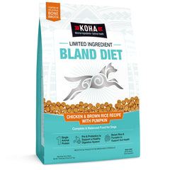 KOHA Limited Ingredient bland-diet bag with chicken, pumpkin, rice for gentle digestion.