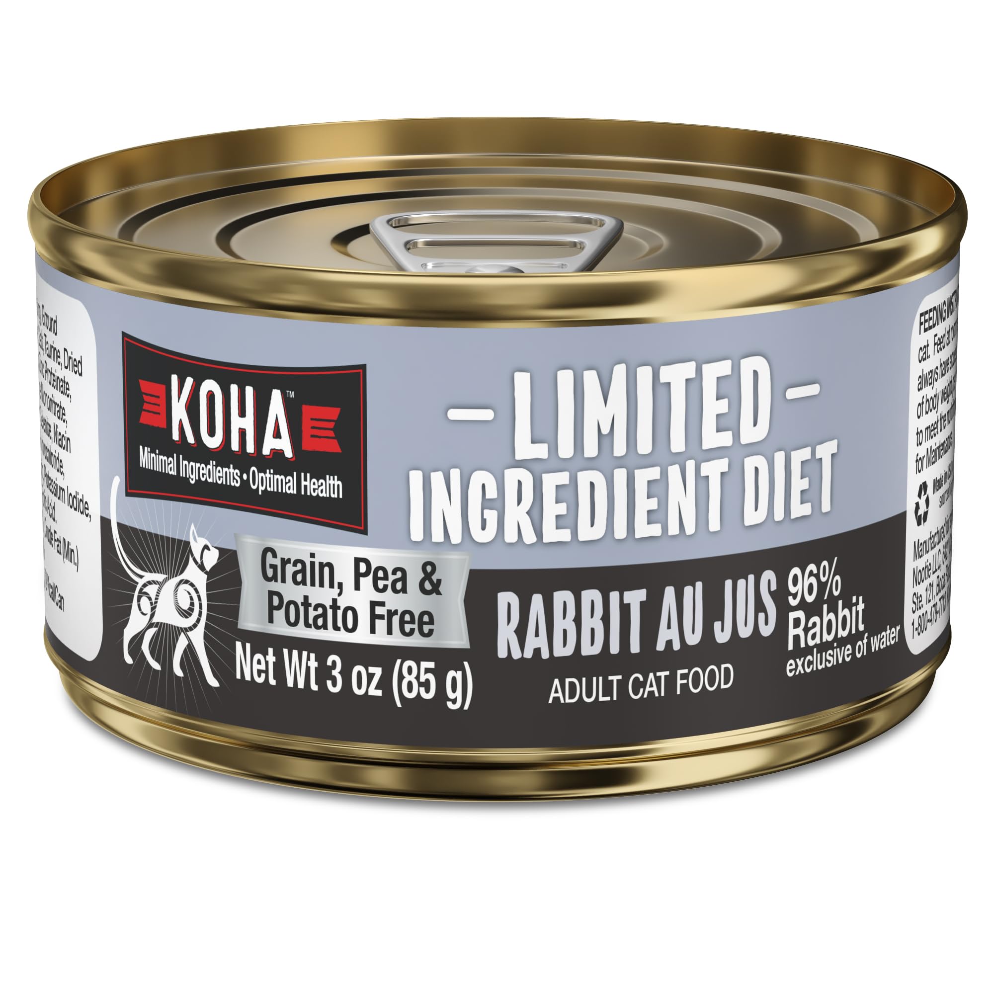 KOHA Limited Ingredient Rabbit Pate Pack shows simple ingredients for sensitive stomachs.