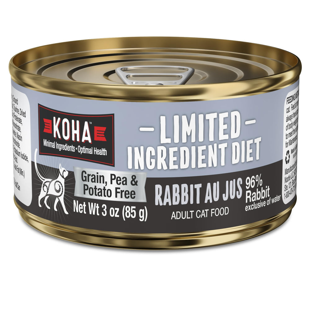 KOHA Limited Ingredient Rabbit Pate Pack shows simple ingredients for sensitive stomachs.