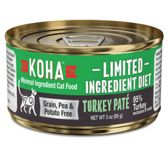 KOHA Limited Ingredient Diet Turkey Pate cat food package emphasizes single-protein formula for sensitive stomachs.