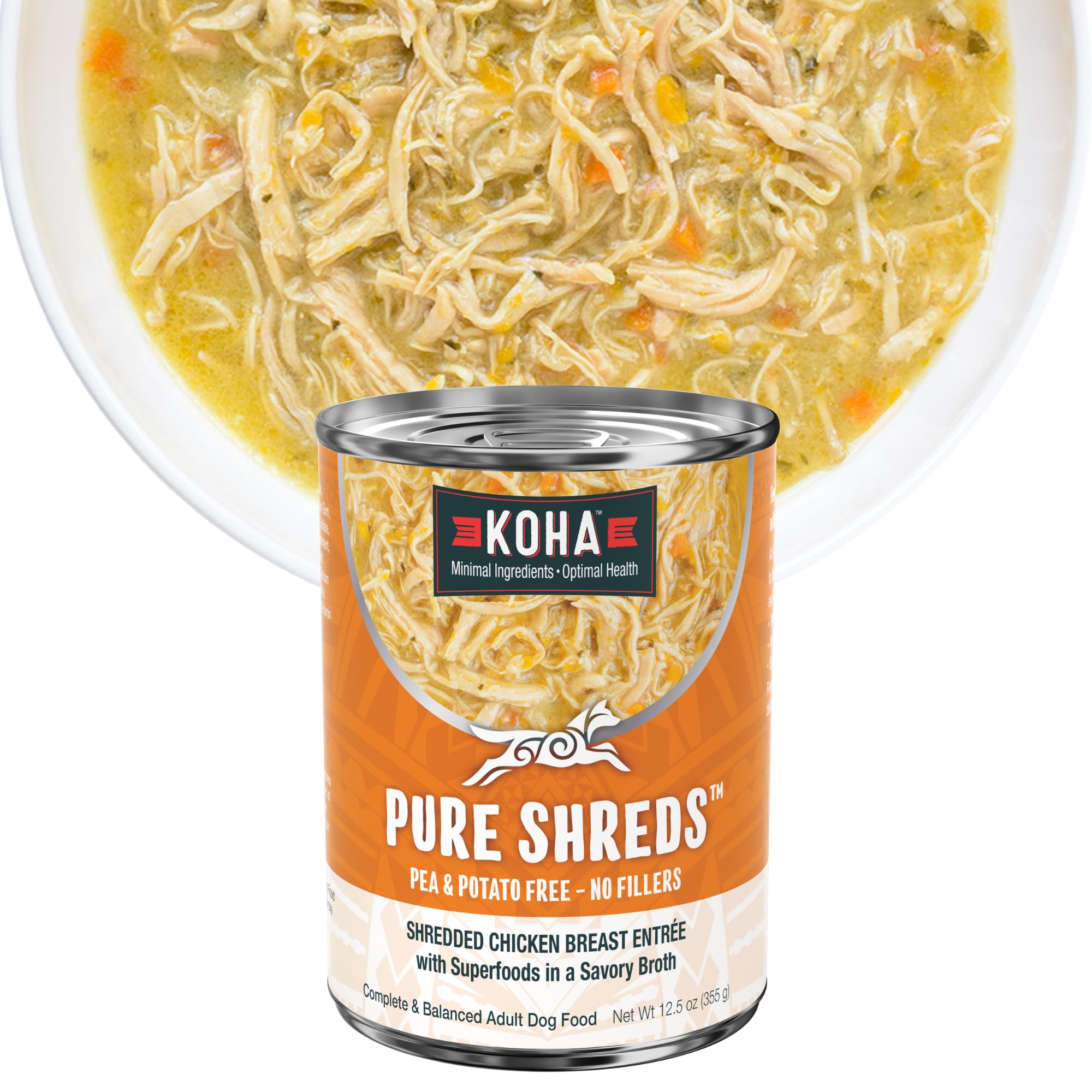 KOHA Pure Shreds chicken entrée bowl shows shredded texture for easier digestion