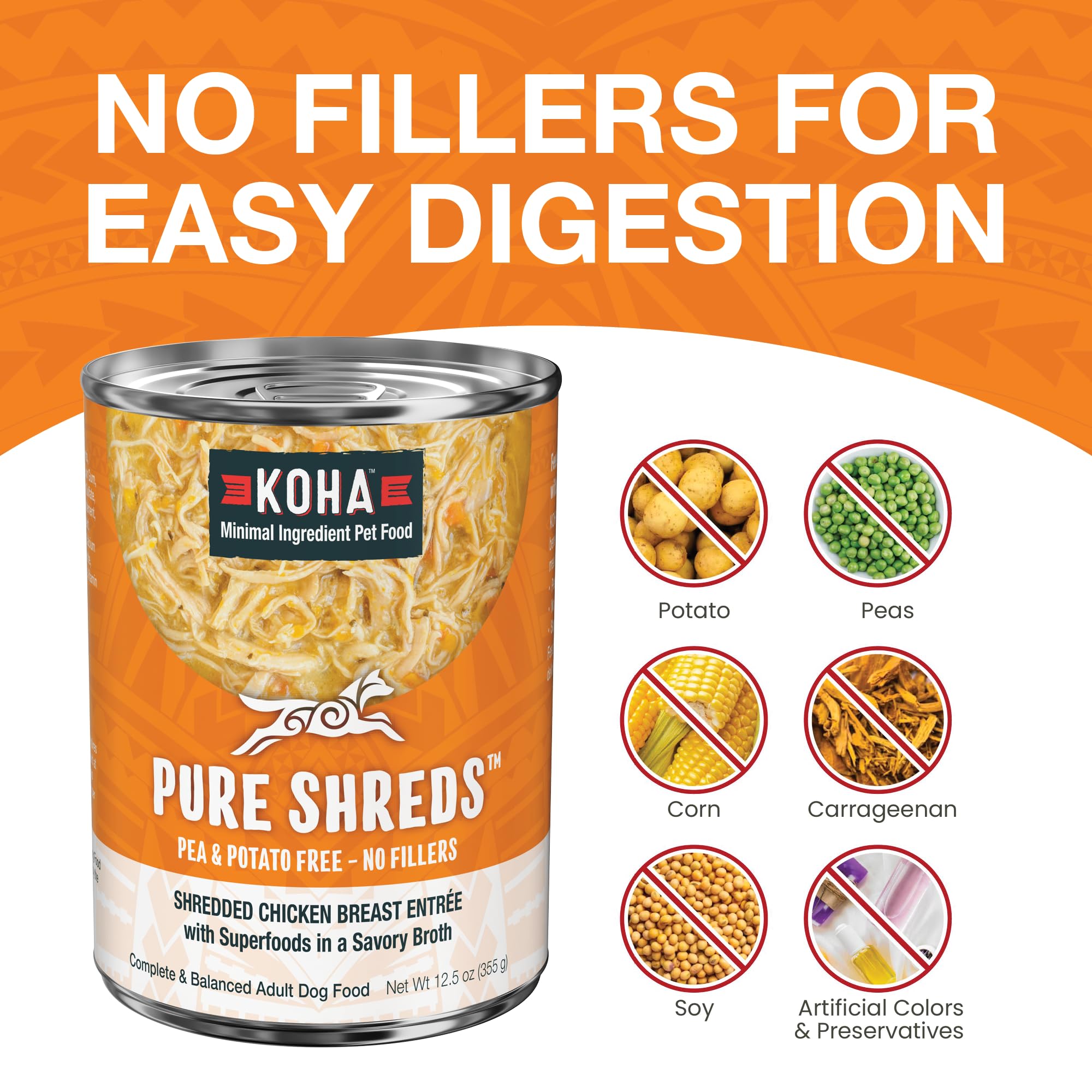 KOHA Pure Shreds ingredients image features pumpkin, carrots, spinach blend