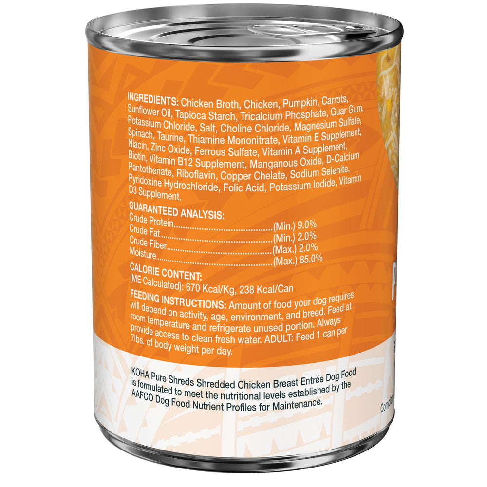 KOHA Pure Shreds packaging emphasizes a 12-pack can format for convenient meals
