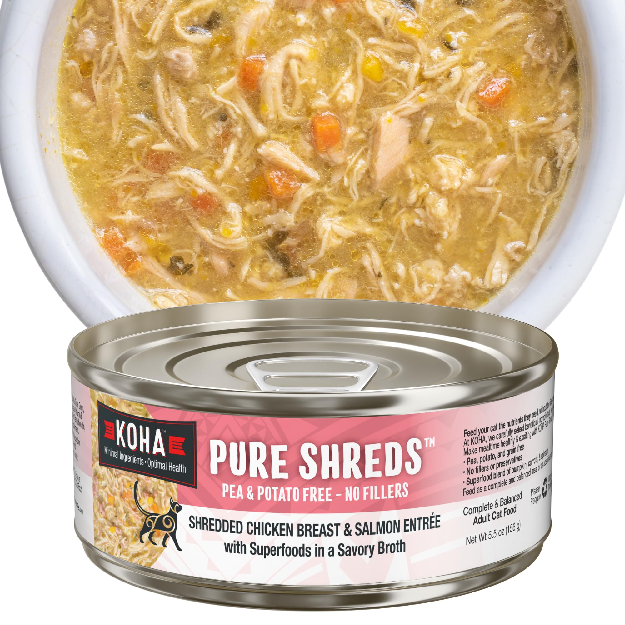 KOHA Pure Shreds can close-up shows tender chicken and salmon, ideal for picky eaters.