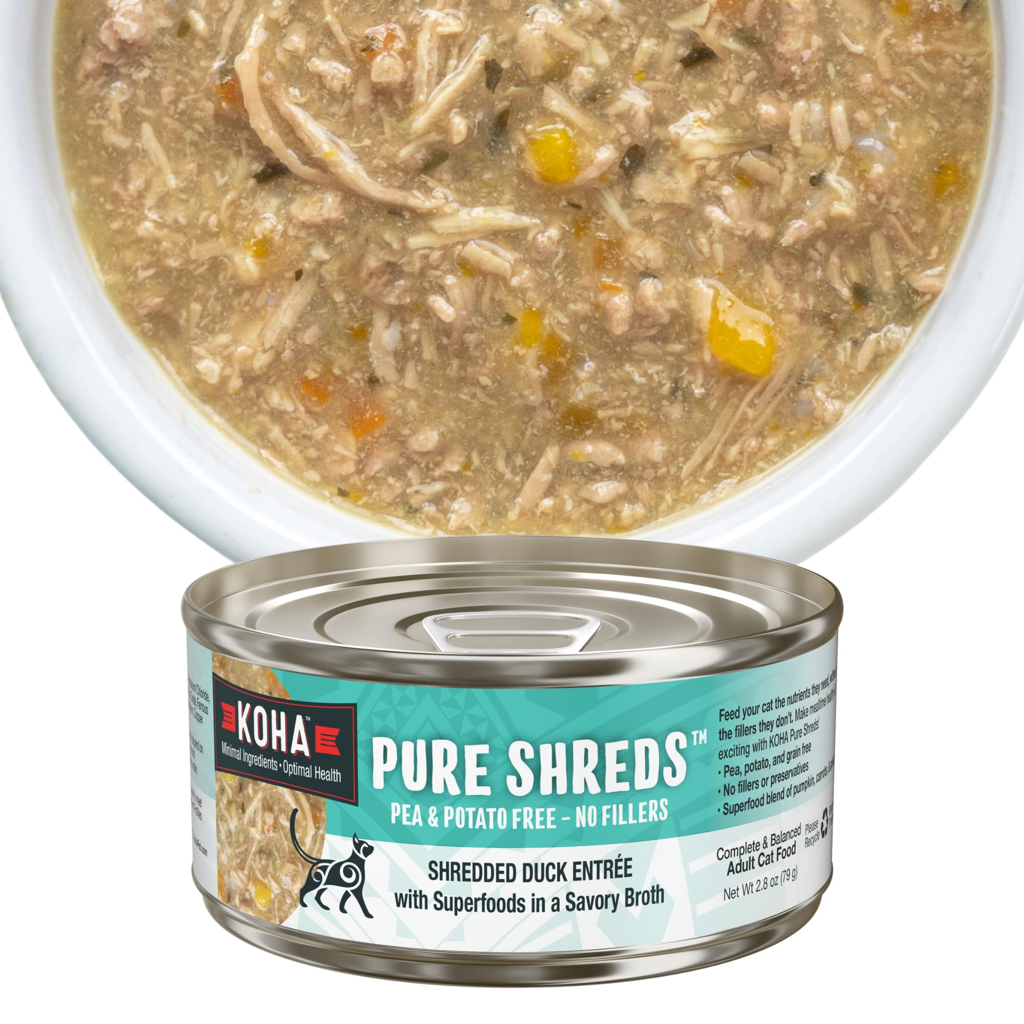 KOHA Pure Shreds Duck Entre9e in a bowl appeals to picky cats with shredded texture