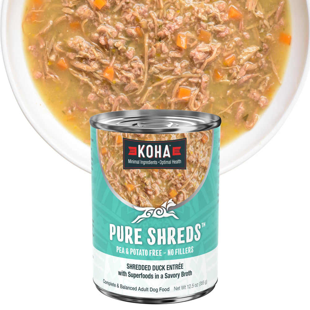 KOHA Pure Shreds Duck Entrée can close-up showing high-protein duck for active dogs
