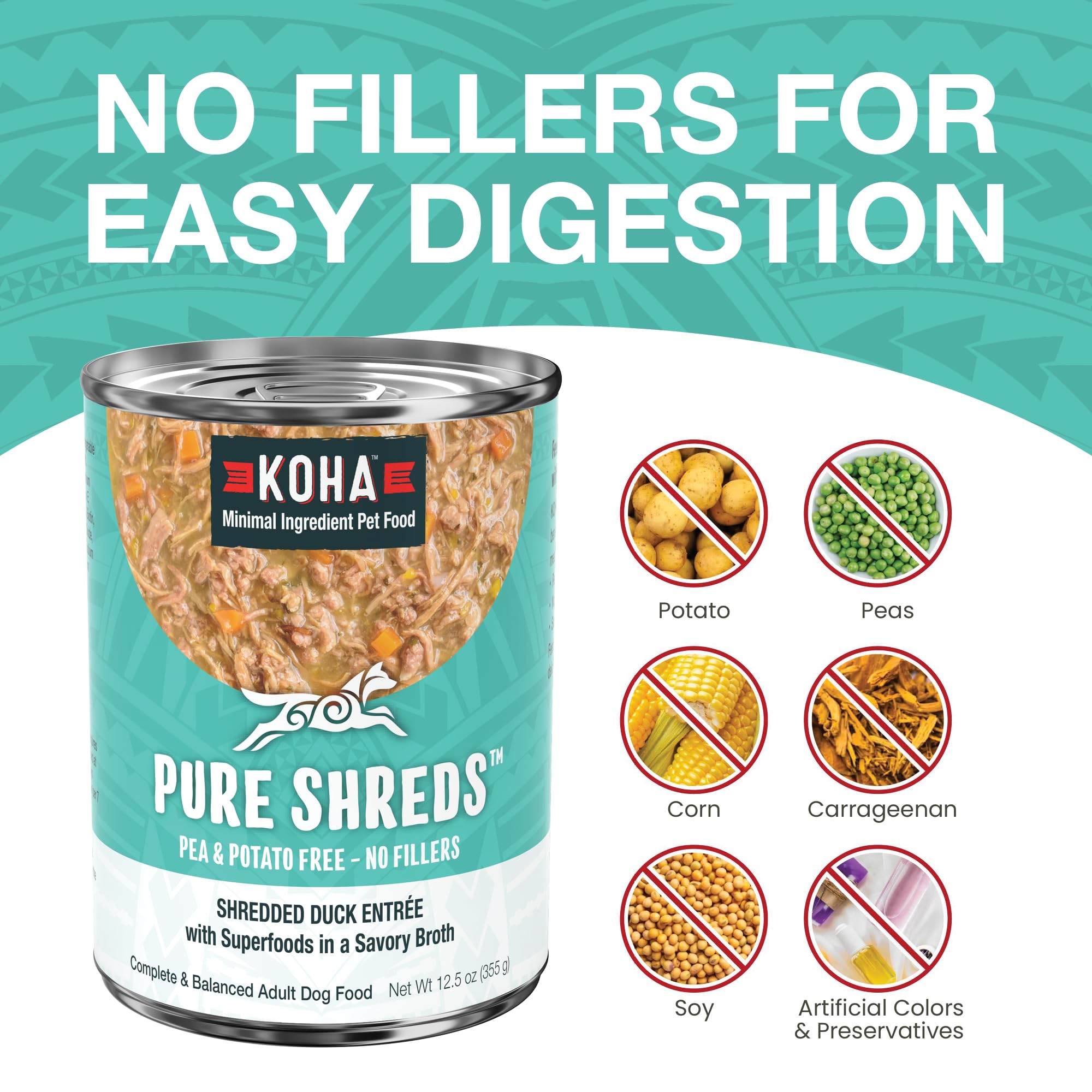 KOHA Pure Shreds Duck Entrée serving bowl shows low-fat, protein-forward meal appealing to dogs
