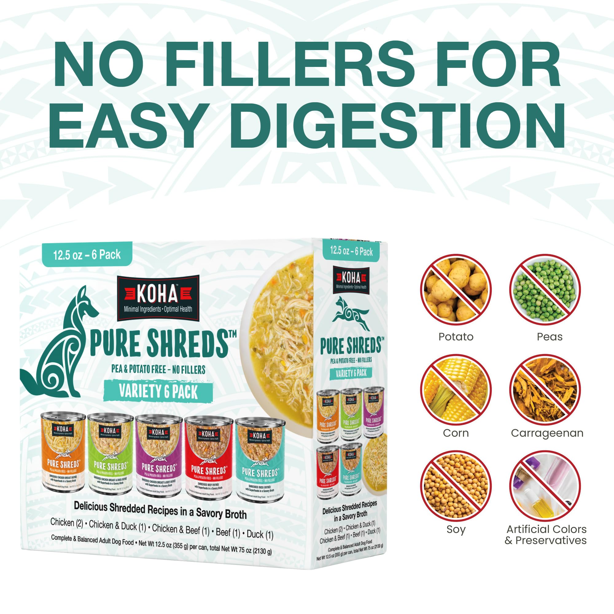 KOHA Pure Shreds savory broth close-up emphasizes moisture-rich serving.