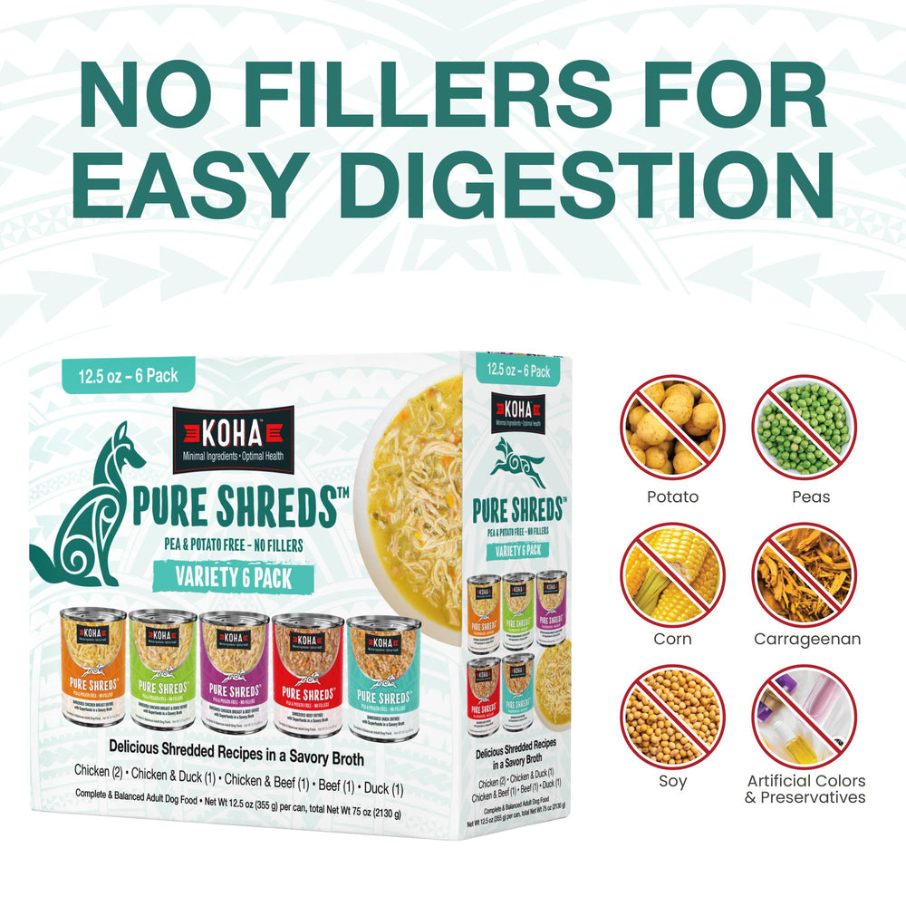 KOHA Pure Shreds savory broth close-up emphasizes moisture-rich serving.