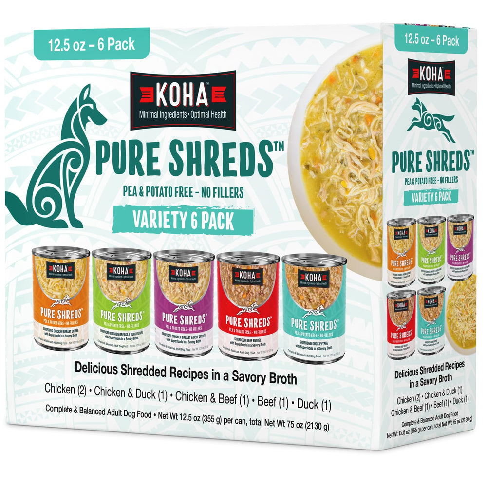 KOHA Pure Shreds variety pack beef cans deliver high-protein meals for picky dogs.