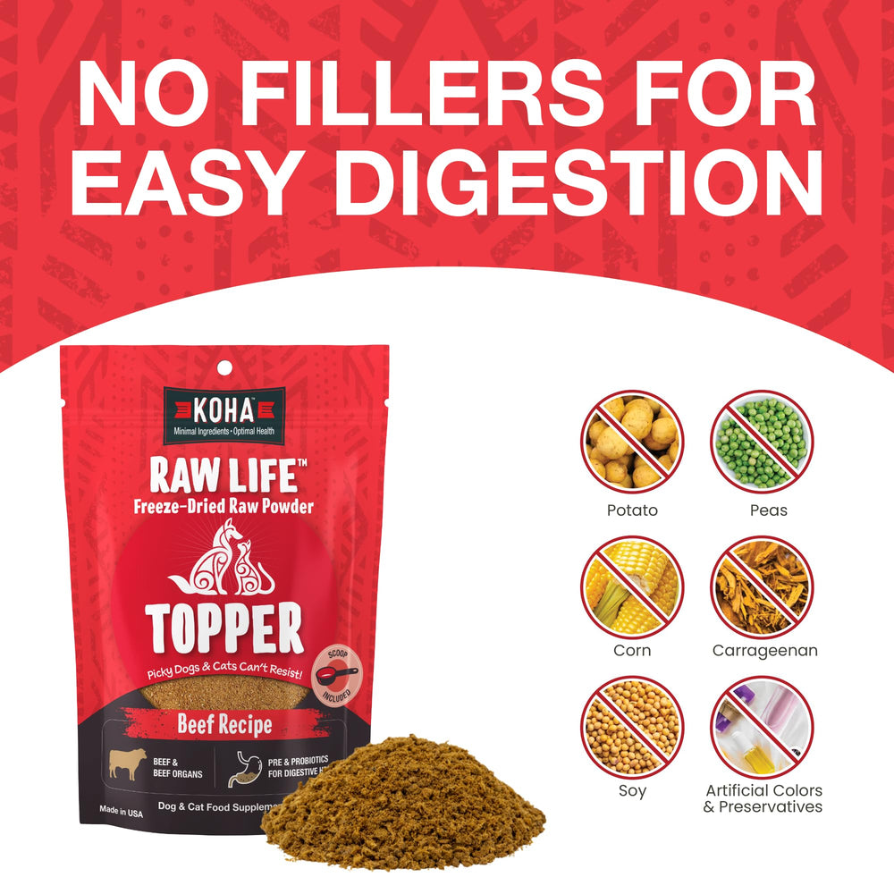 KOHA Raw Life beef topper with probiotics supports digestion-friendly meals.