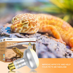 KOHEOPT reptile heat lamp 100W basking-spot closeup shows focused heat beam for efficient basking.