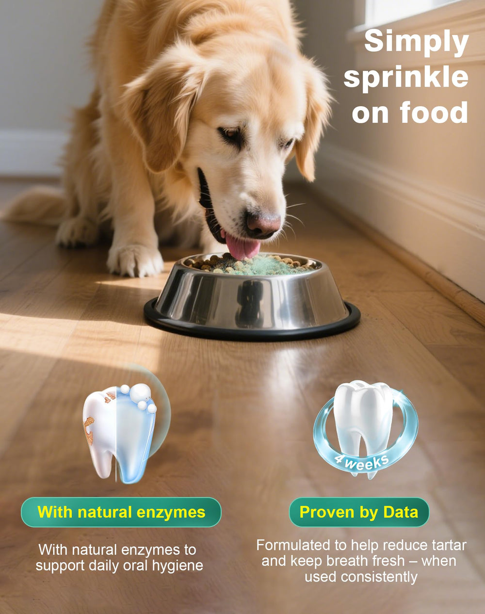 Koite Dog Teeth Cleaning Powder Mint closeup highlights texture for gentle daily care.