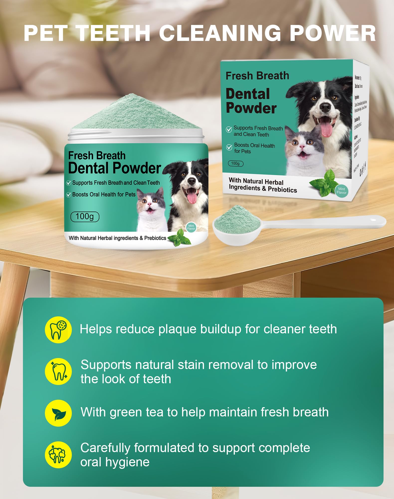 Koite Dog Teeth Cleaning Powder Mint on food illustrates easy application to promote fresh breath.