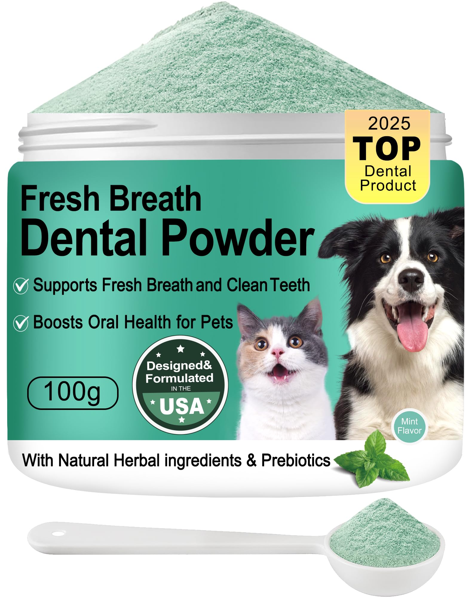 Koite Dog Teeth Cleaning Powder Mint packaging highlights all-natural ingredients for daily care.