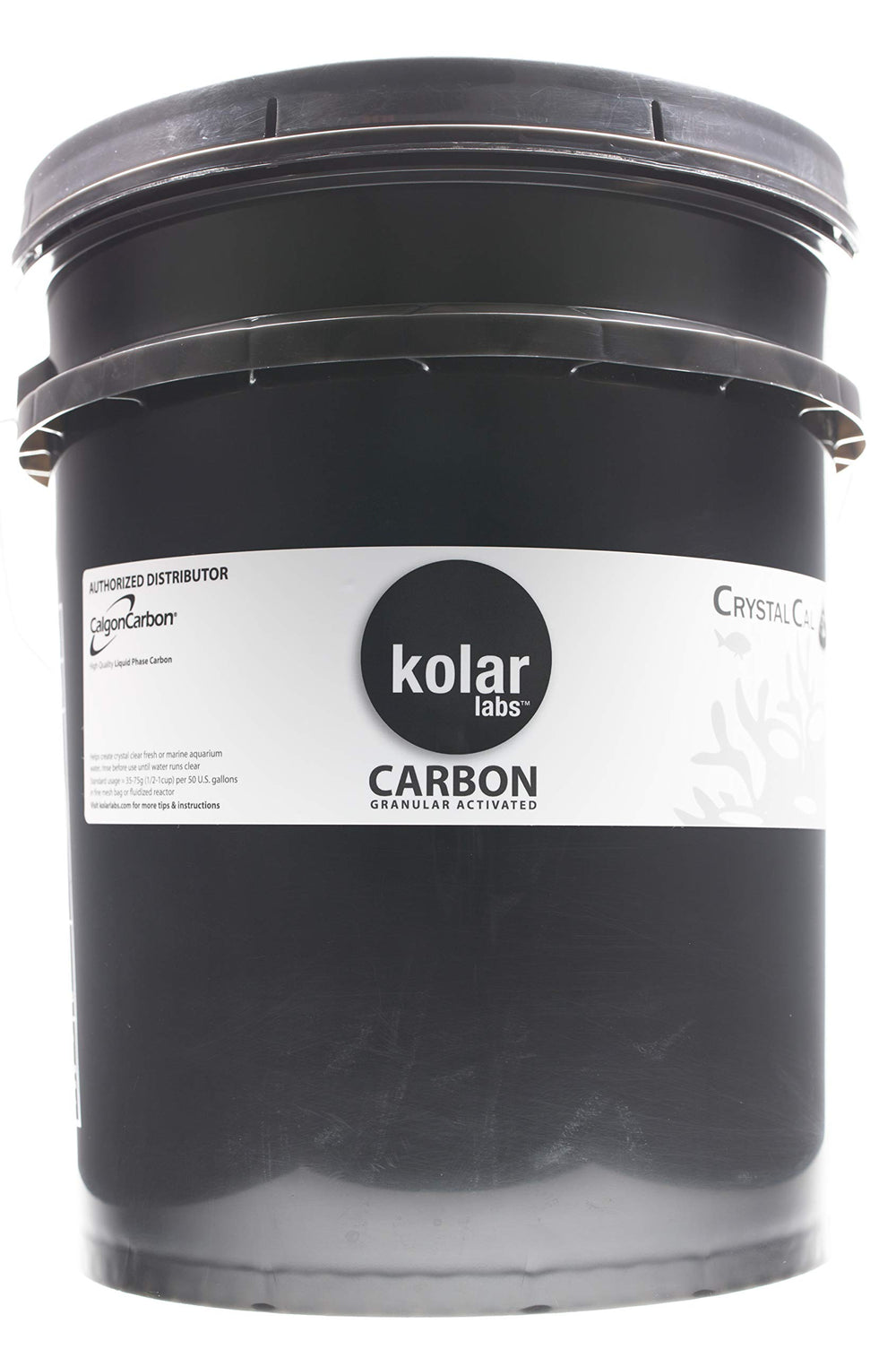 Kolar Labs Crystal Cal activated carbon in a 5-gallon drum for aquarium filtration.
