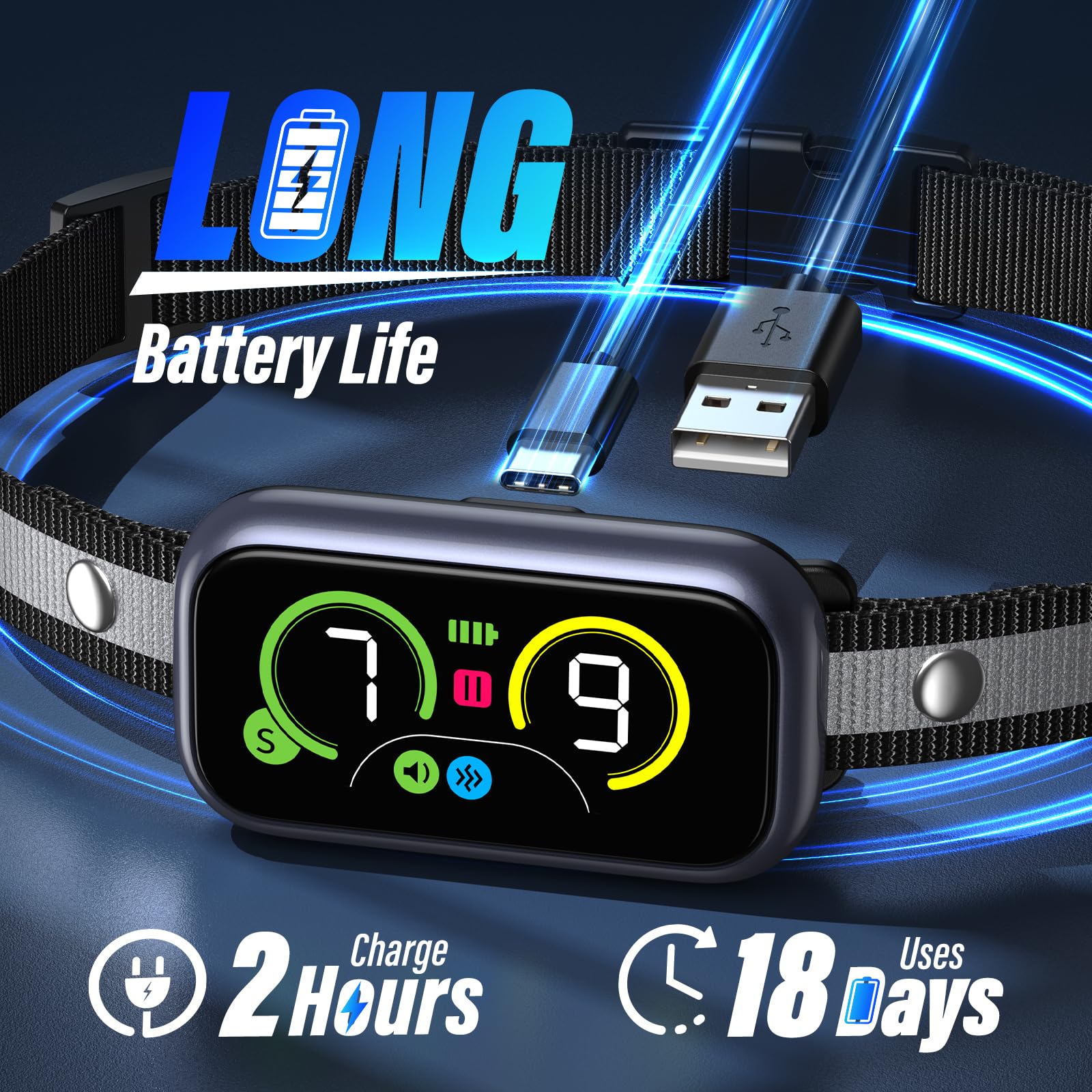 Kollgux dog bark collar charging — fast USB-C recharge for long use.