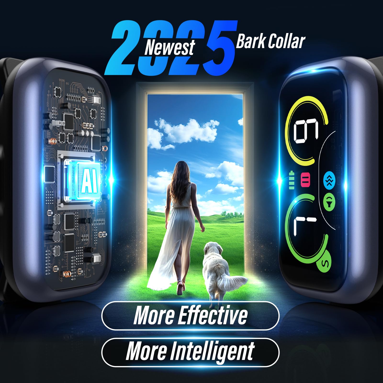 Kollgux dog bark collar dual-display shows sensitivity and static levels for precise training.