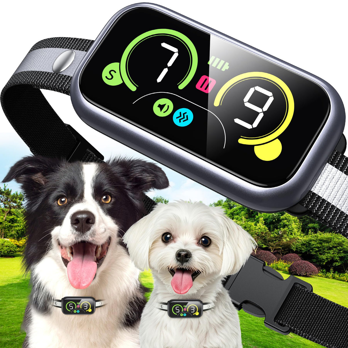 Kollgux dog bark collar front view — compact, comfortable daily wear.