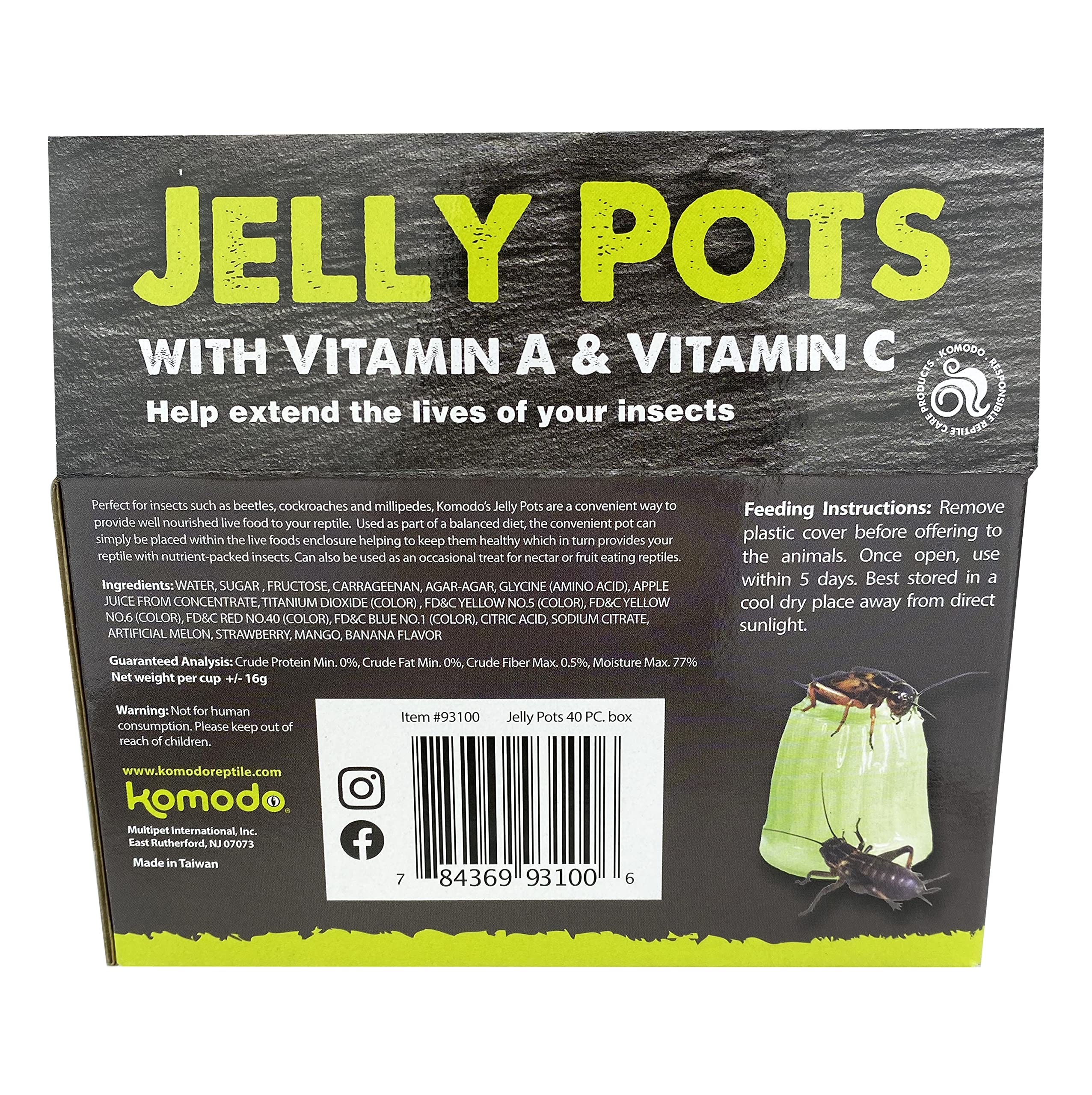 Komodo Jelly Pots banana packaging shows easy, grab-and-go feeding in multiple enclosures.