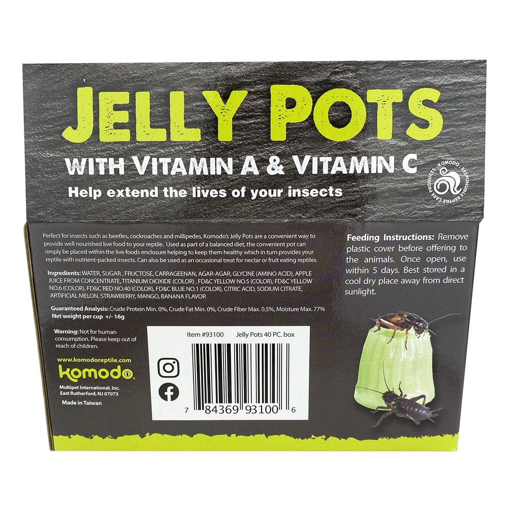 Komodo Jelly Pots banana packaging shows easy, grab-and-go feeding in multiple enclosures.