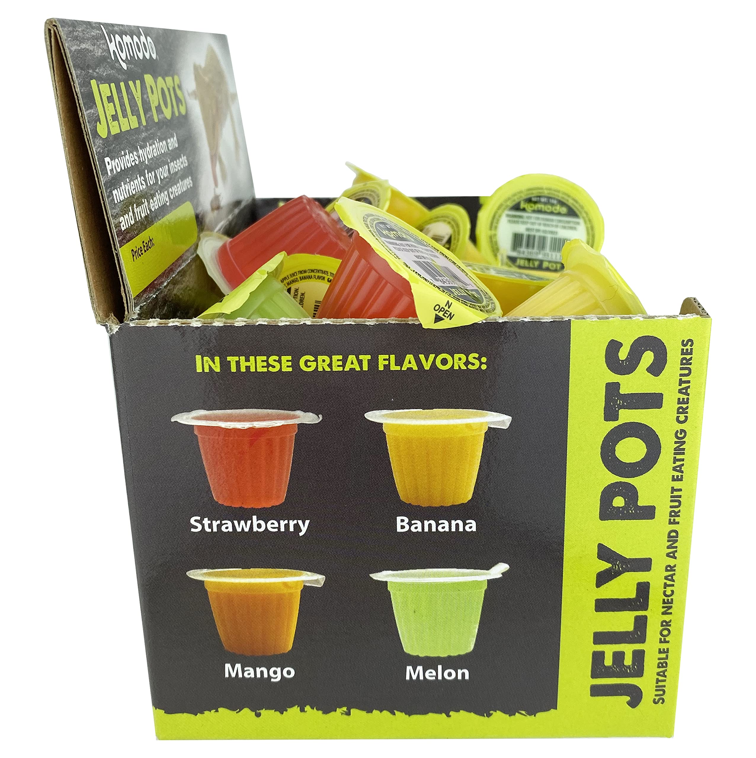 Komodo Jelly Pots mango cups illustrate variety to tempt fruit-eating reptiles.
