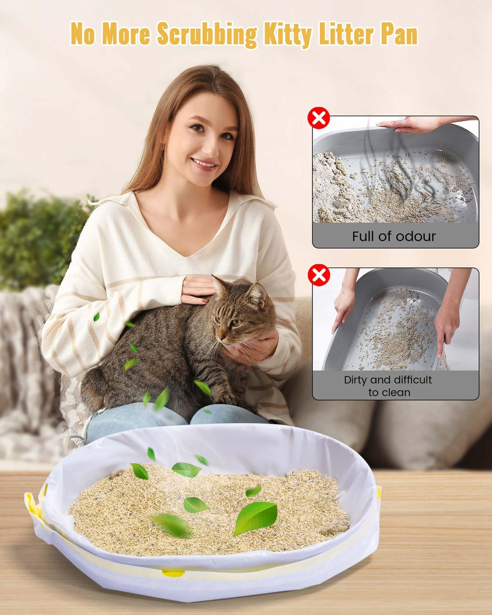 KONE cat litter box liners ease-of-cleanup drawer-action image shows quick removal.