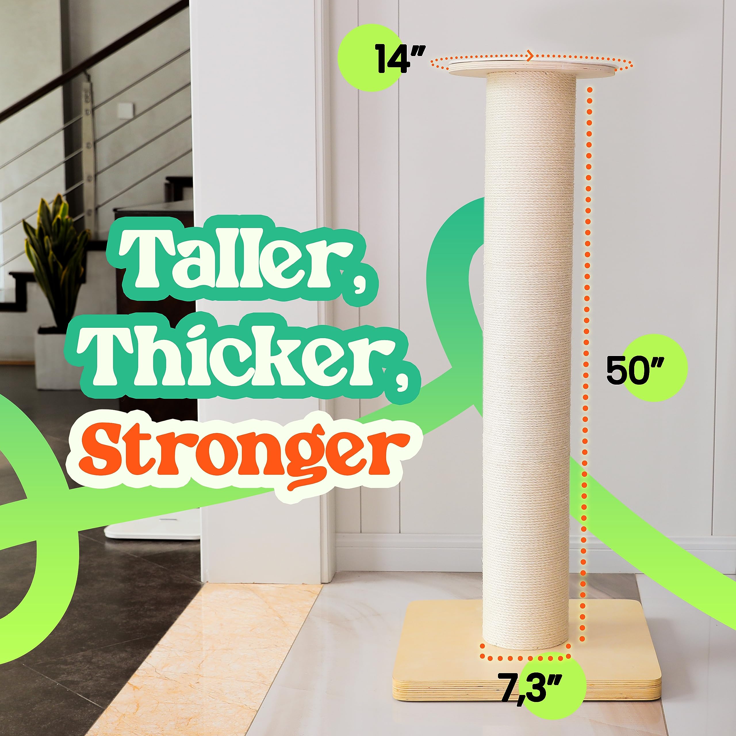 KONELCARE extra-large cat scratching post height supports Maine Coon climbing and stretching.