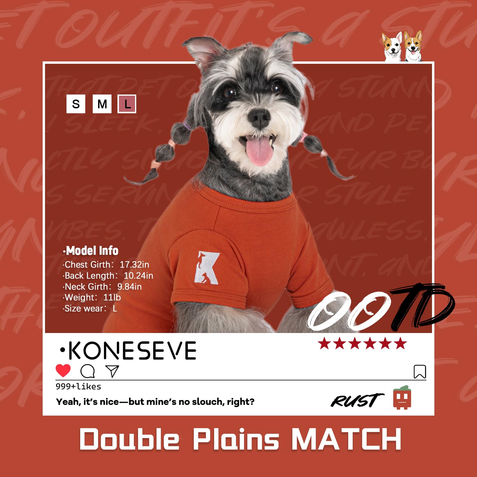 Koneseve dog shirts size chart showing universal XS-5XL sizing for many breeds