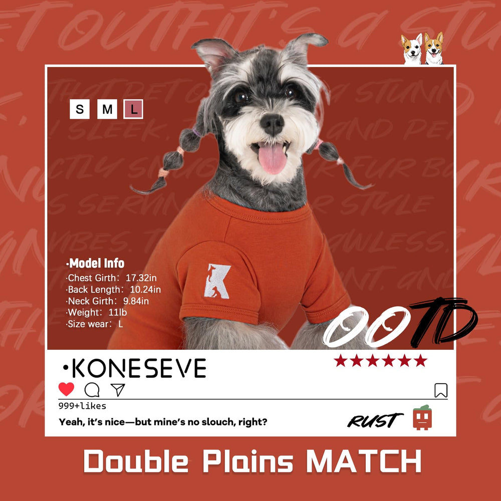 Koneseve dog shirts size chart showing universal XS-5XL sizing for many breeds