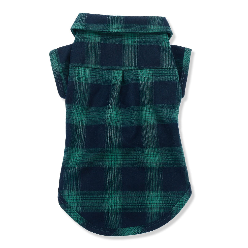 Koneseve plaid shirt green, back view on pet, comfortable fit for everyday wear.