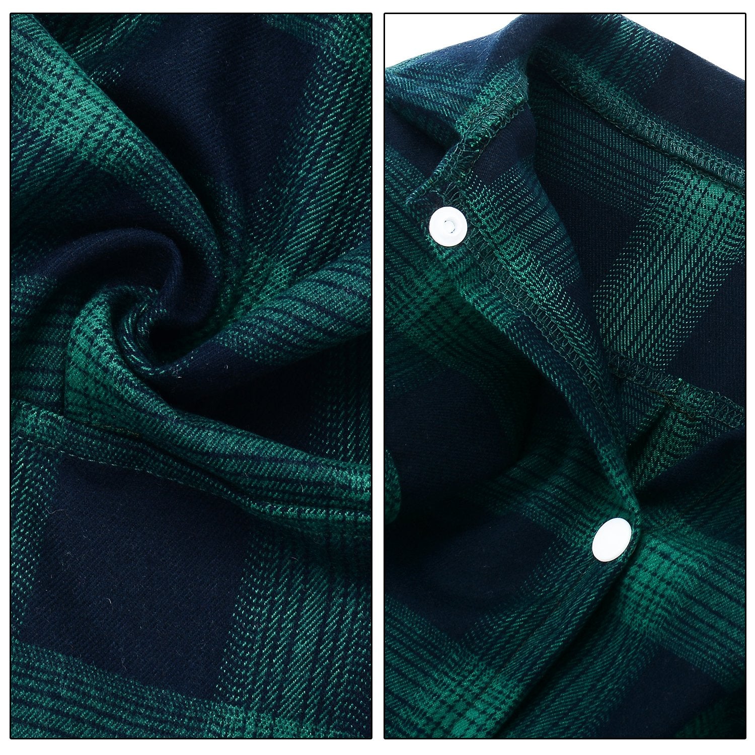 Koneseve plaid shirt green, button-closure closeup for easy on/off dressing.