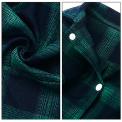 Koneseve plaid shirt green, button-closure closeup for easy on/off dressing.