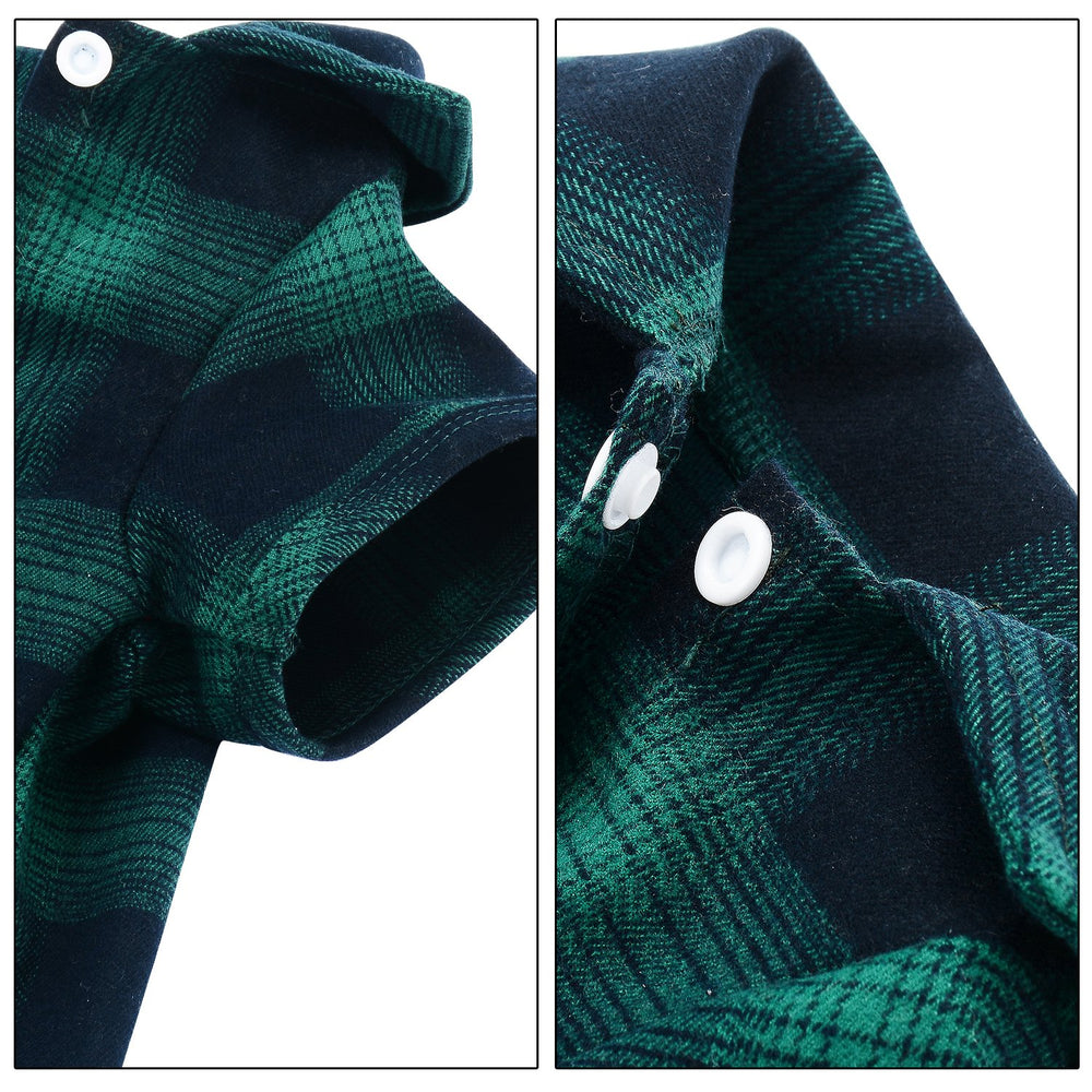 Koneseve plaid shirt green worn by dog model, breathable cotton for outdoor style.