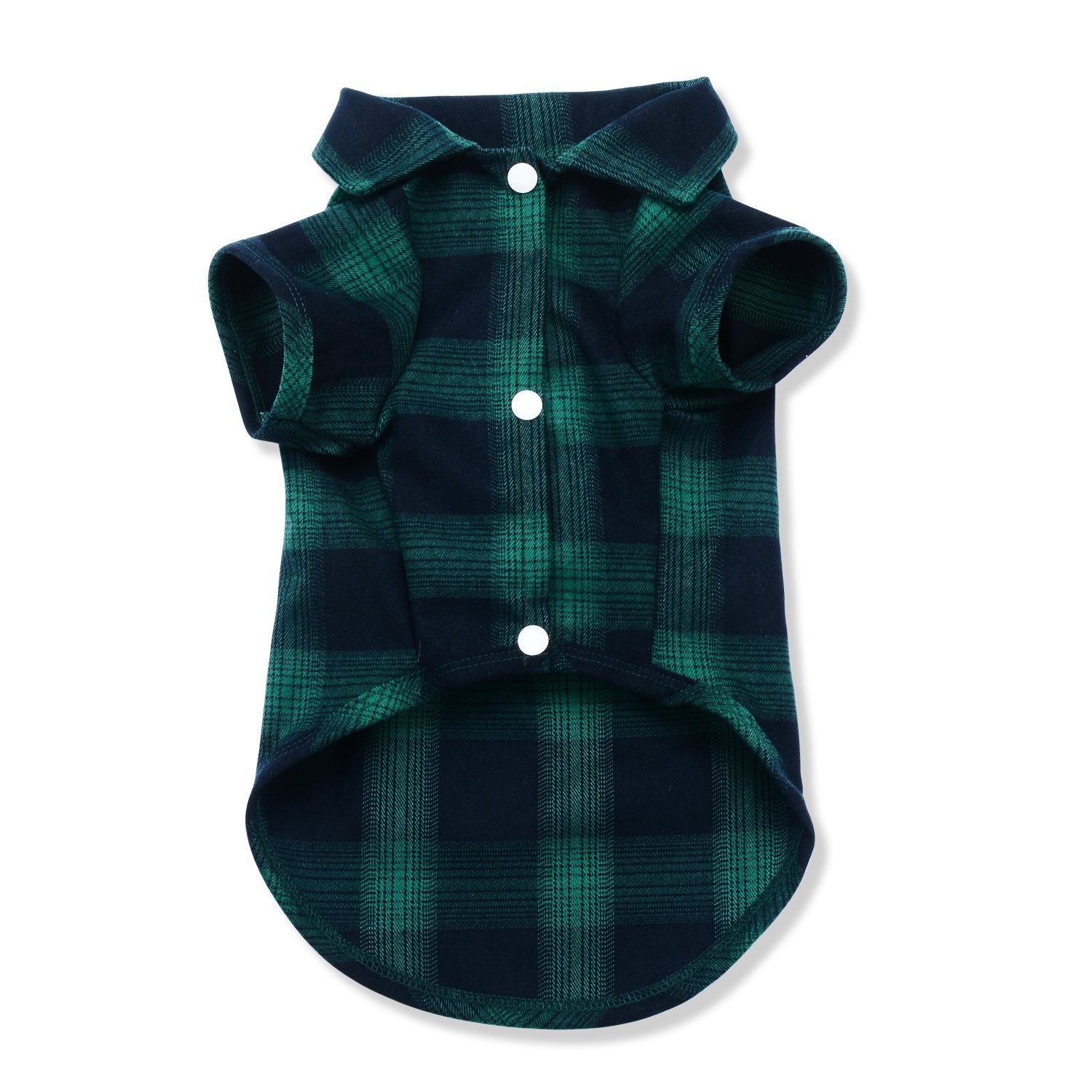 Koneseve plaid shirt green, front view on pet, breathable cotton for all-day comfort.