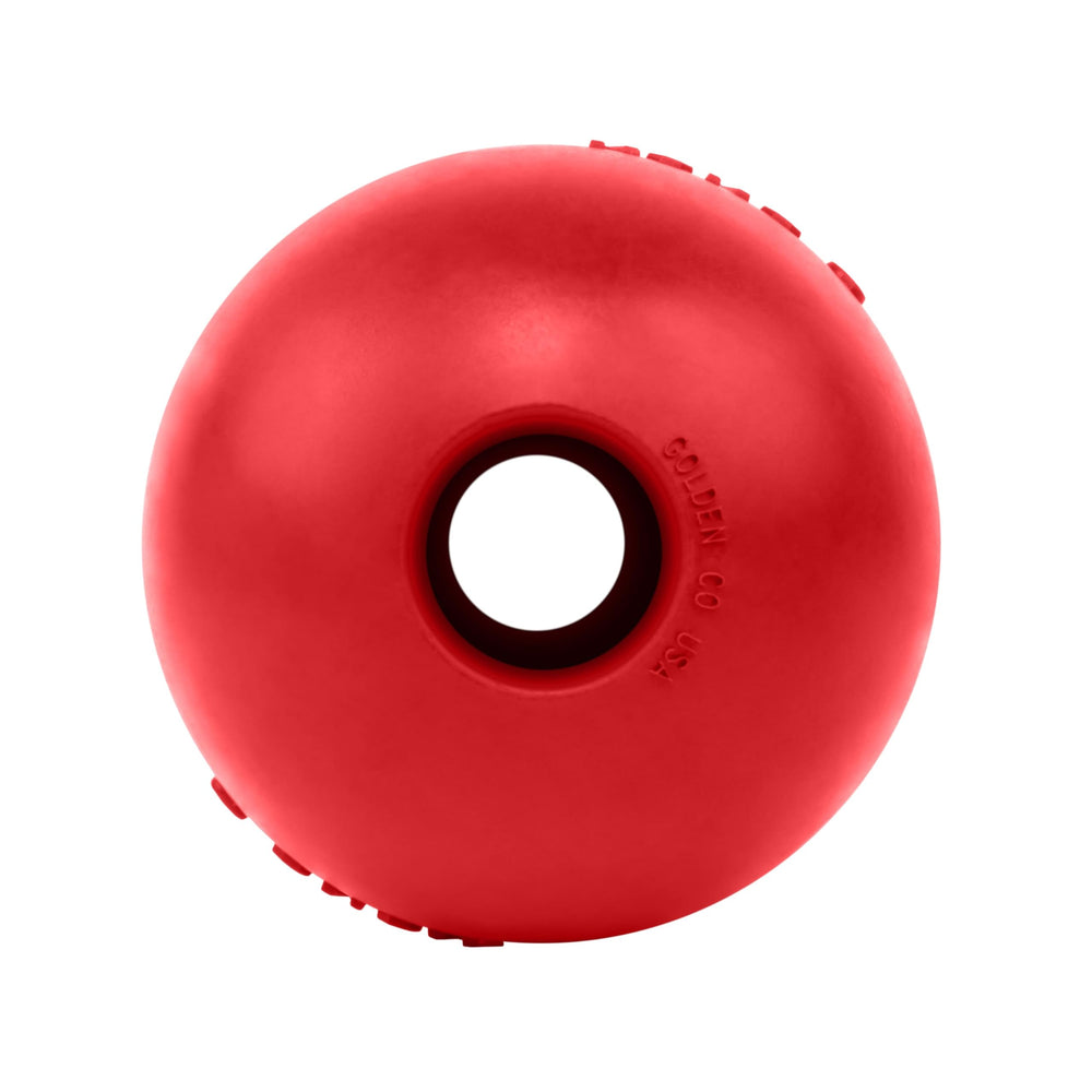 KONG Ball with Hole red bounce for high-visibility fetch and outdoor play.