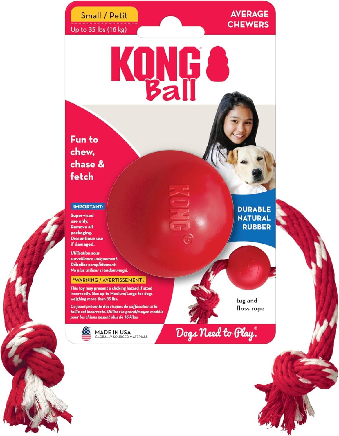 KONG Ball with Rope in action for tug and fetch during interactive play.
