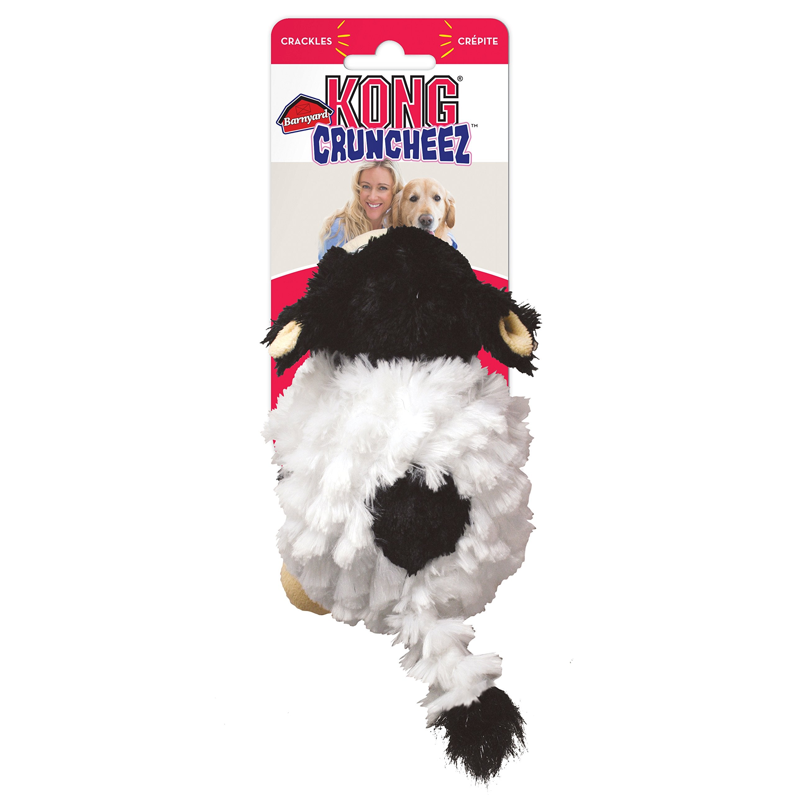 KONG Barnyard Cruncheez Cow rattle enhances interactive play.