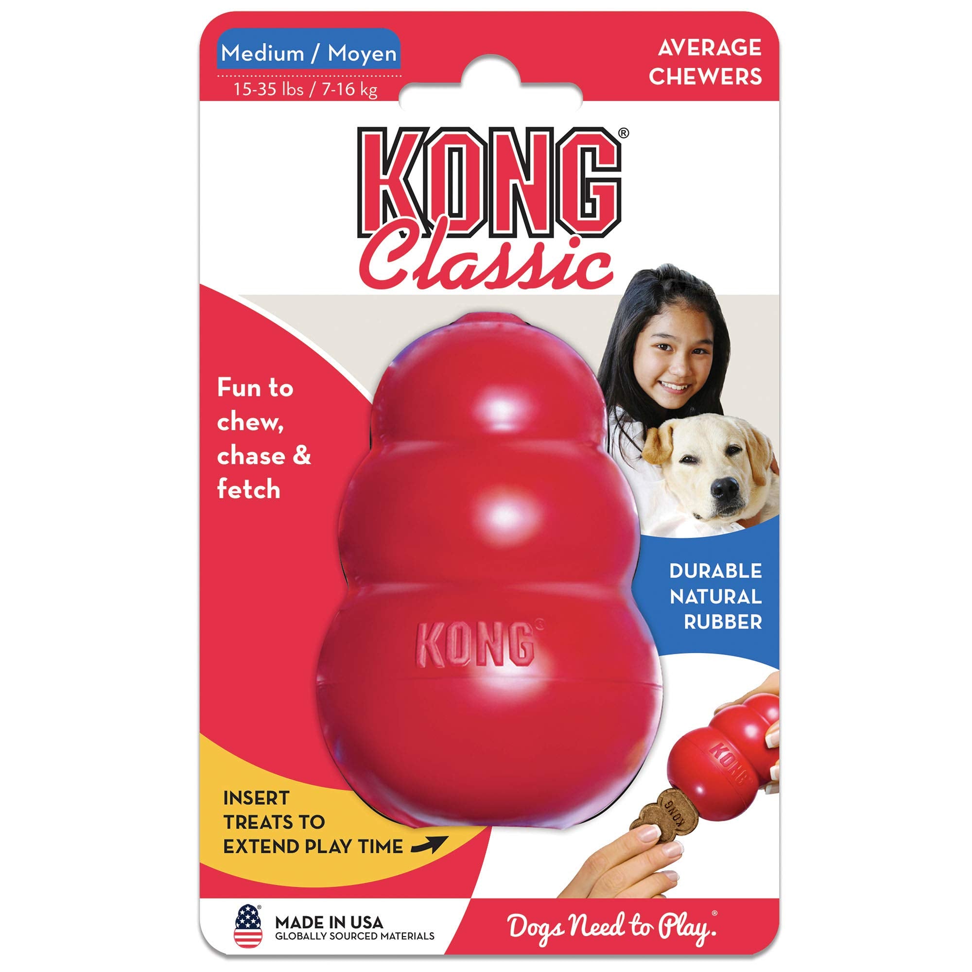 KONG Classic dog toy features durable rubber and treat capacity for enrichment.